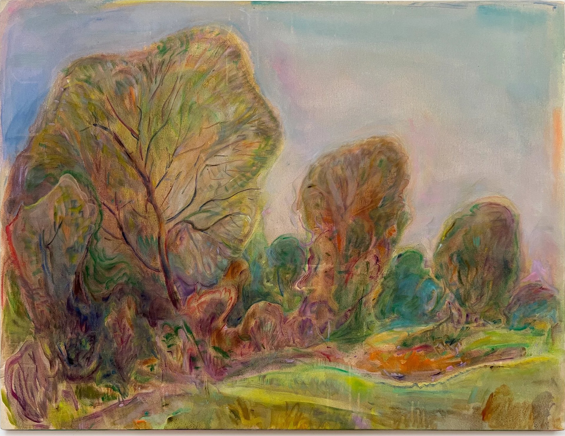 Fall Trees: rounded autumn trees in olive, rust and gold on a hillside