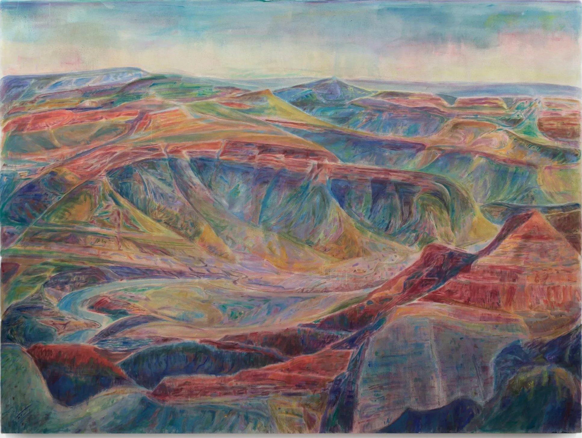 Grand Canyon: a wide panorama of layered canyon walls in red, violet and blue