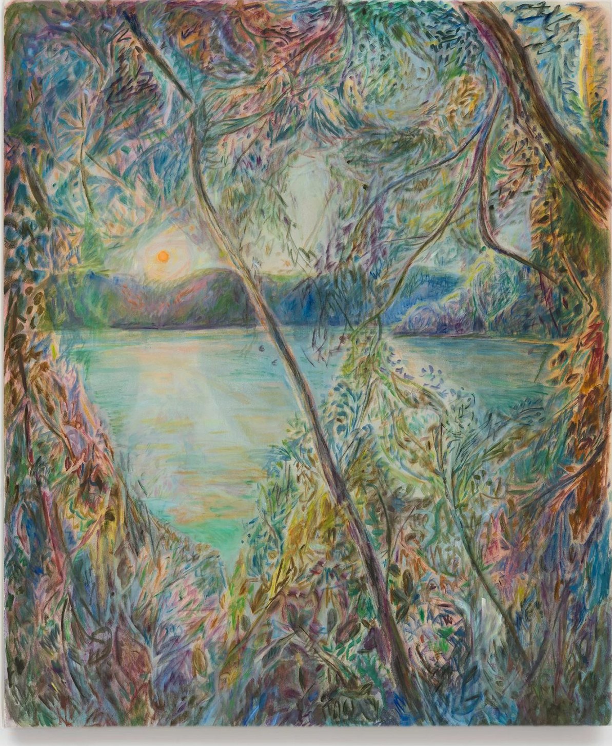 Highland Lake: a lake at sunset seen through a dense screen of trees