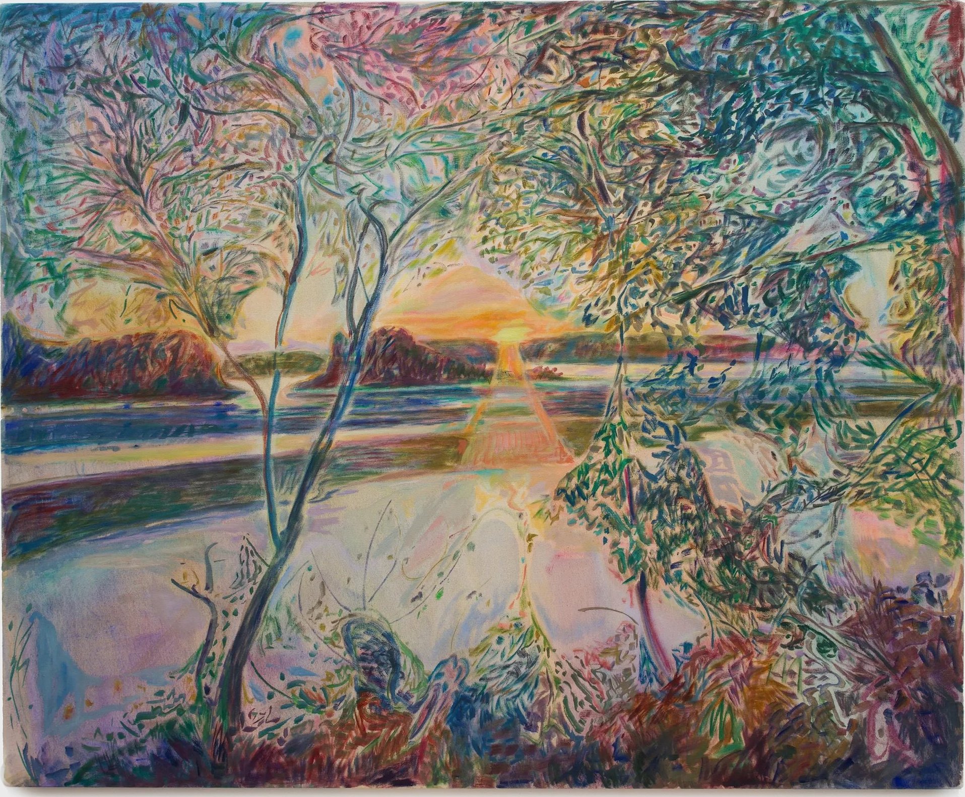 Hudson River: sunset over the river seen through flowering trees