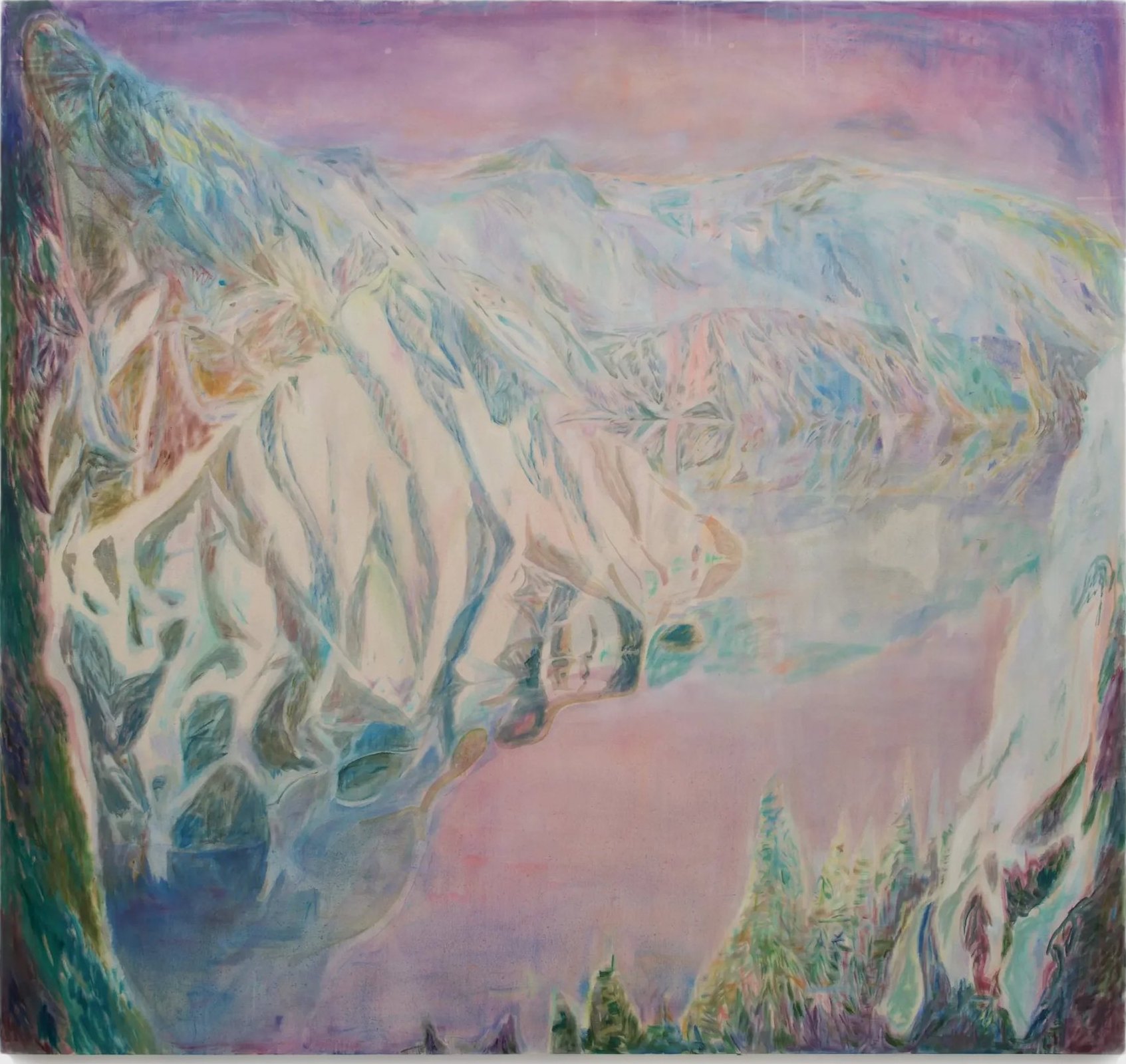 Phantom Ship Winter: snowy crater walls of Crater Lake around Phantom Ship in lavender light