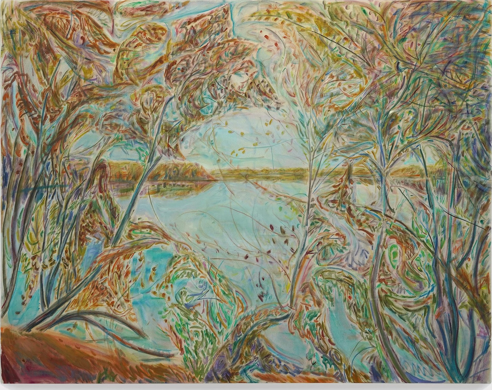 Schodack Creek: a creek seen through a screen of autumn branches and leaves