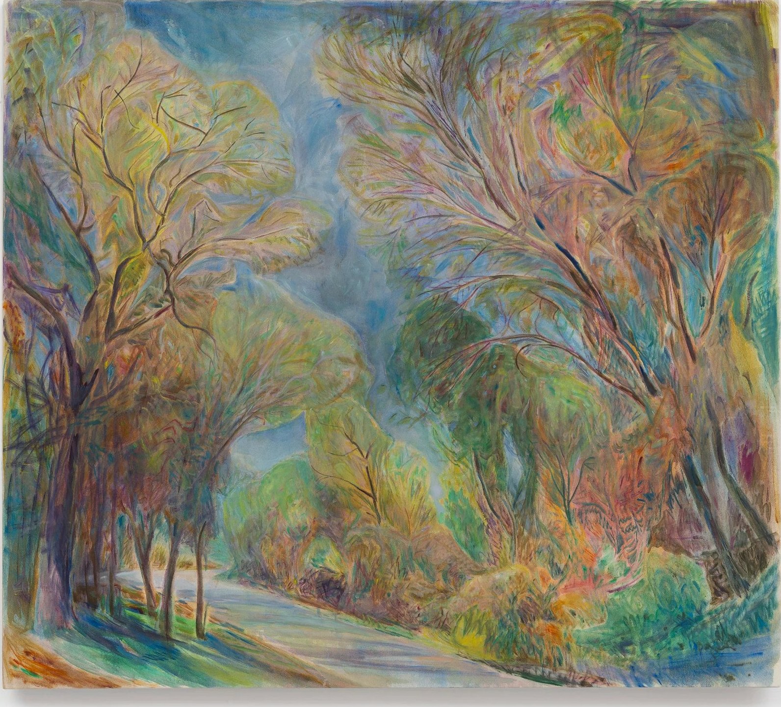 Spring Road (Park): a road curving through a park beneath tall spring trees