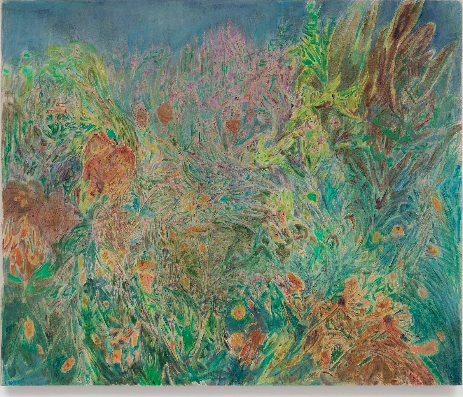 Summer Garden 2: a dense tangle of summer foliage and flowers in green, rose and orange