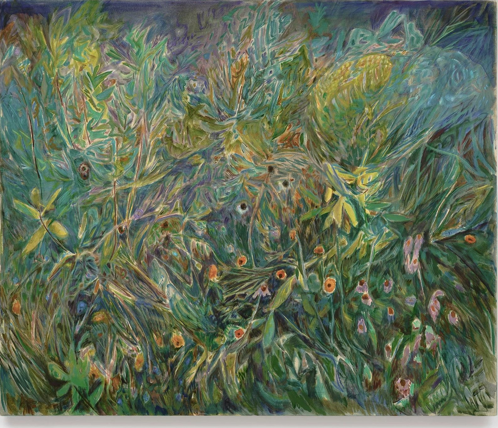 Summer Garden 3: a thicket of green leaves and branches flecked with yellow and red